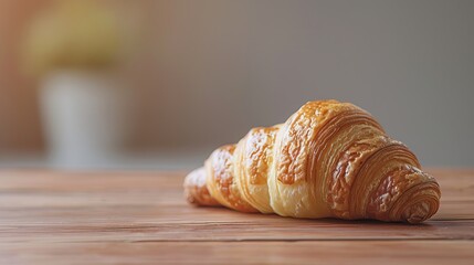 crispy croissant on a wooden board with a blurred background