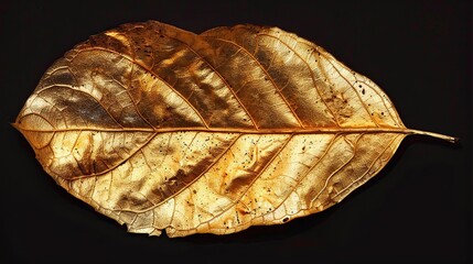 A gold leaf is laying flat on a black surface.