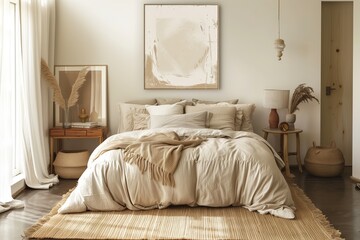 Home mockup, bedding room interior in boho style