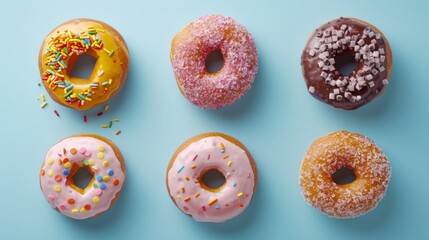 assorted delicious donuts on a pale blue background