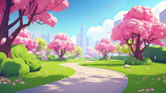 The sidewalk in a public park is lined with pink flowering trees and green grass. Cartoon modern spring scene of a city park with a road. Sunny day views of a park with road in the park.