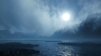 A cloudy sky with a sun in the background