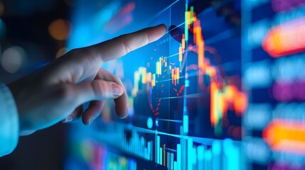 Businessman Analyzing Stock Market Data on Digital Trading Terminal with Blue Glowing Screens, Financial Data Visualization, Hand Interaction, and Digital Analytics