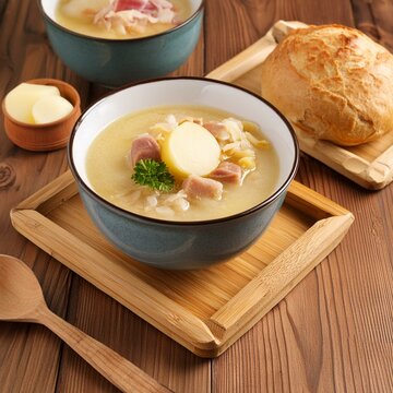 chicken noodle soup.a series of mockups featuring a bowl of traditional Polish soup Zurek served on a wooden tray, suitable for use in culinary branding, recipe books, or food-related social media pos