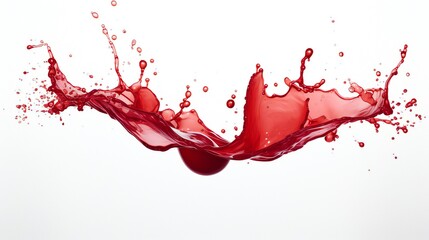 Juice splash in red against a white background. Close-up of abstract brilliant splashes. Droplets of red wine swirl and flow