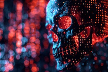 Binary code cascades in red and black hues across a digital backdrop, perfect for a hacker or cyberpunk concept.