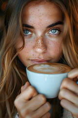 Closeup image of a beautiful young woman holding and drinking hot coffee in cafe