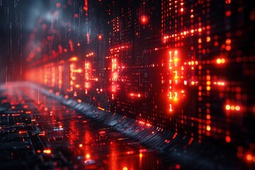 A dynamic red and black tech background featuring integrated lines of code, ideal for cyber security themes.