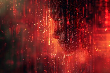 A dynamic red and black tech background featuring integrated lines of code, ideal for cyber security themes.