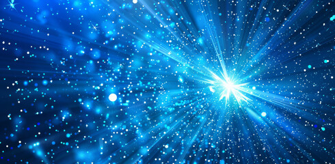 a bright blue background with a star burst