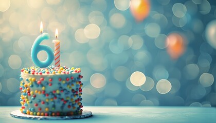 Birthday or anniversary cake with number 6 candle, balloons, party decorations on blurred background