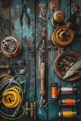 fishing tackle on a wooden background. selective focus