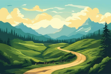 Mountain road in the mountains vector. Mountain landscape. Panorama of mountain with road and grassland. Road leading to mountains. Blue sky. Vector Background.