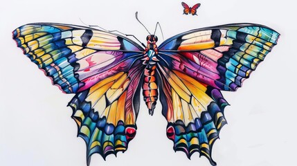 A delicate butterfly tattoo close-up, representing transformation and spirituality, vibrant colors and detailed wings, presented on a simple isolated background