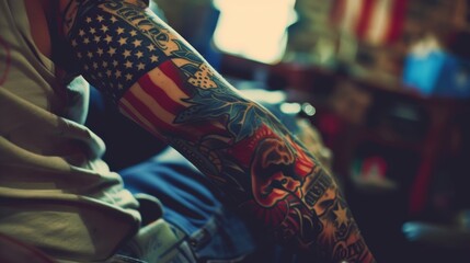 A creative depiction of an American flag tattoo, merging classic and modern motifs that reflect personal journeys and beauty, perfectly isolated for clarity