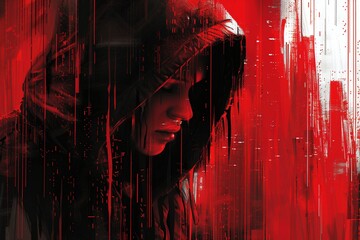 Glowing red and black code streams across a dark digital background, evoking a hacker's workspace.