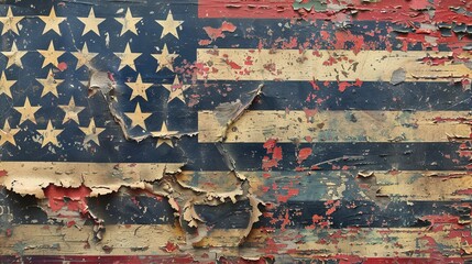 A close, detailed shot of a tattered American flag, with the horizon in view, capturing the essence of an adventurous road trip across the U.S