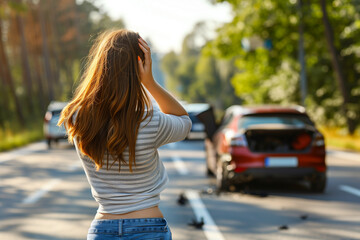 Woman Observing Roadside Car Accident. A woman stands on a forest-lined road observing a recent car accident involving two vehicles.