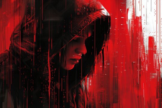 Glowing red and black code streams across a dark digital background, evoking a hacker's workspace. - Powered by Adobe