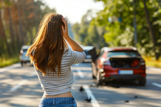Woman Observing Roadside Car Accident. A woman stands on a forest-lined road observing a recent car accident involving two vehicles.