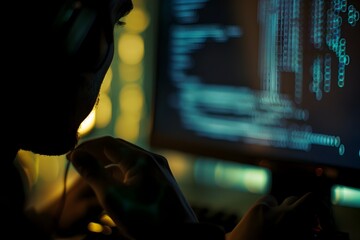 Hacker Typing Furiously on Computer with Lines of Code Scrolling on Dark Screen Signifying Potential Cyber Threat