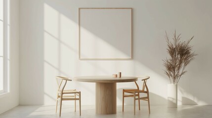 Frame mockup, simple and modern wooden table home interior design background, wall poster frame mockup, 3d render