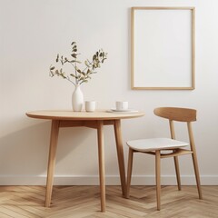 Frame mockup, simple and modern wooden table home interior design background, wall poster frame mockup, 3d render