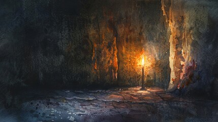 Craft a traditional watercolor painting of a solitary burning torch illuminating a dark