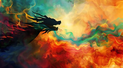 Design a dynamic, modern abstract artwork depicting a silhouette of a fierce, blazing dragon breathing waves of flames, set in a vibrant, colorful digital collage