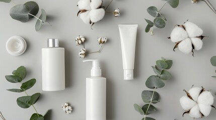 Two white bottles of beauty products on a gray background. The bottles are surrounded by green eucalyptus leaves and white cotton flowers.