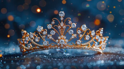 A gold tiara is sitting on a reflective surface. The tiara has diamonds or other clear gems in a floral pattern.