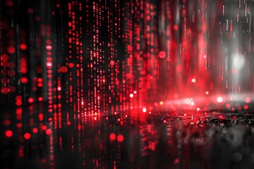A red and black digital landscape with lines of code interwoven throughout, creating a hacker aesthetic.