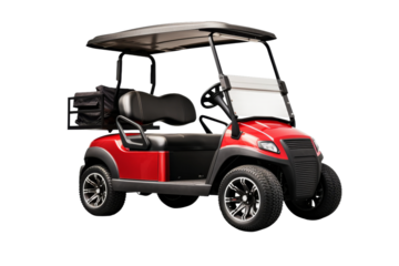 The Scarlet Speedster: A Red and Black Golf Cart on a White Canvas. On a White or Clear Surface PNG Transparent Background.