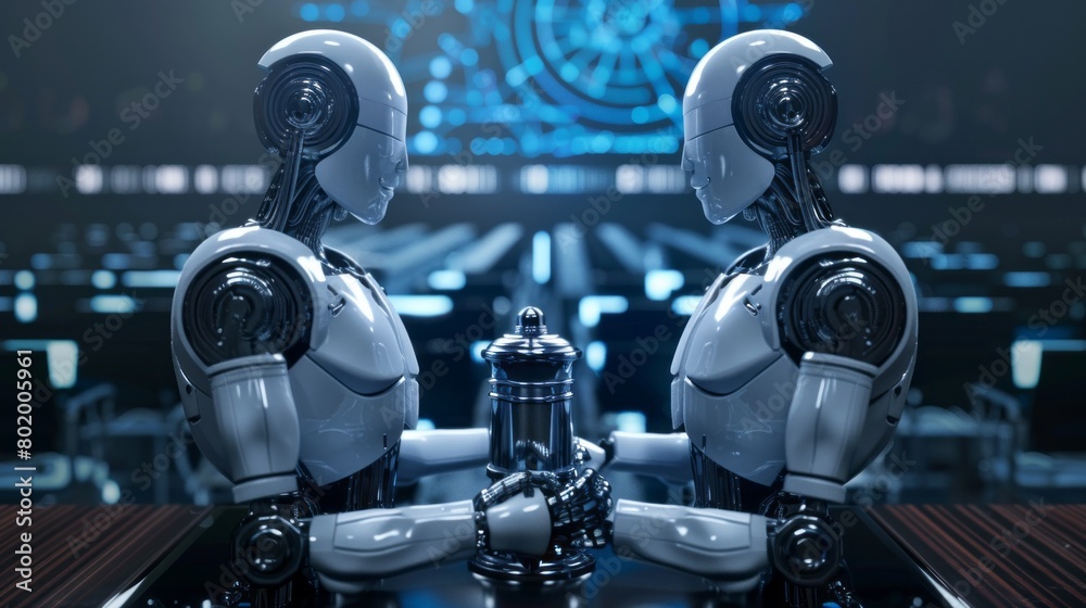 Poster Two robots are sitting at a table with a coffee pot in front of them