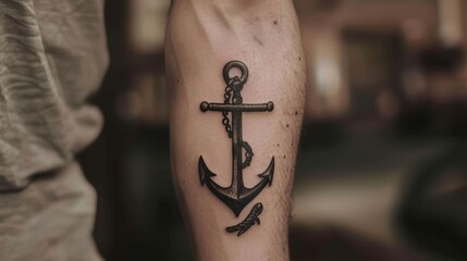 A bold and striking anchor tattoo, a timeless symbol of stability, meticulously crafted with personal meaning, on an uncluttered background