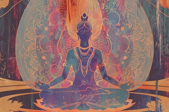 Illustration in the classic Indian art style depicting a person meditating and achieving Moksha, radiating with bio-luminescence