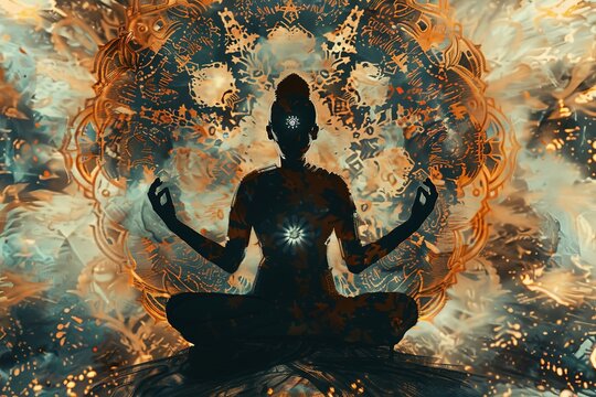 Illustration in the classic Indian art style depicting a person meditating and achieving Moksha, radiating with bio-luminescence