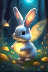 Bunnies Baby, cute bunnie, hare, rabbit, fantasy, cute rabbit, KI, AI, art, wallart, kidsroom, Childrensdesign, rabbit with wings, wings, night,