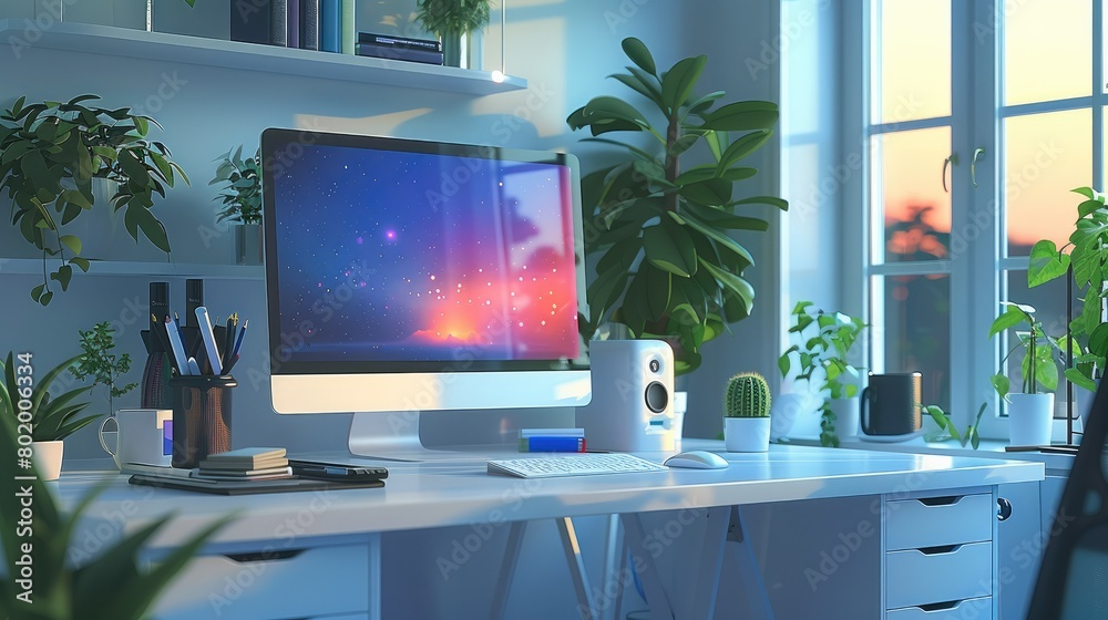 Poster Modern workspace with computer and office supplies. Generative AI.