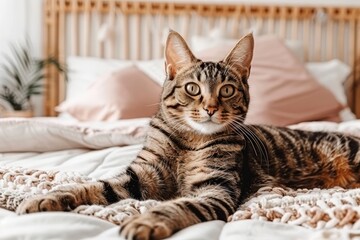 Capturing the serene grace of a cat in a bedroom bathed in soft, gentle light hues