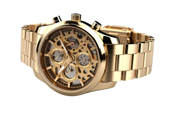 Gleaming Elegance: A Timeless Gold Watch. On a White or Clear Surface PNG Transparent Background. - Powered by Adobe