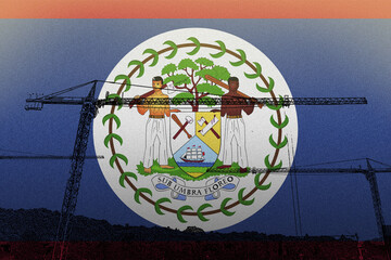 Belize flag with big cranes, construction industry concept, growth and development in construction 