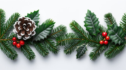 A white background with a Christmas tree decoration that includes a pine cone