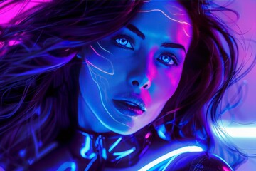 Airbrush glossy oil painting of a futuristic female wanderer. She wears a sleek suit featuring glowing patterns, and her hair flows in vibrant purple hues. Her eyes are electric blue