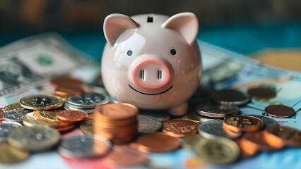 Image of piggy bank surrounded by coins and banknotes symbolizing financial success. Concept finance, savings, money, investment, wealth