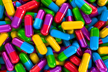 A bunch of colorful pills are piled on top of each other. The pills are in various colors, including red, blue, yellow, and green. Concept of abundance and variety. Generative AI