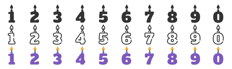 Birthday candles icon set. Anniversary numbers collection