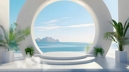 Fototapeta premium Scene with geometrical forms, arch with a podium in natural daylight. Sea view. Summer scene. 3D render background.