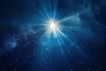 Deep indigo backdrop illuminated by a burst of starlight, sending rays of light outward. - obrazy, fototapety, plakaty