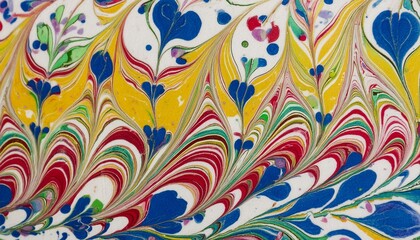 An abstract Turkish ebru marbled paper texture in white, blue, red yellow and green